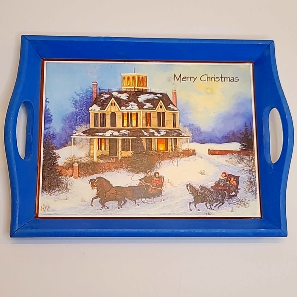 VINTAGE Merry Christmas, Wood Mini Blue Tray Novelty Holiday Decor